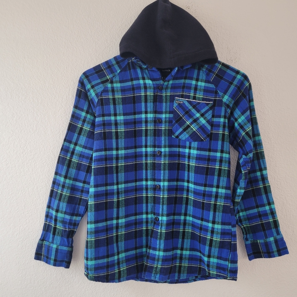 Hurley Boy's Hooded Plaid Flanner Button Down Shirt Size Medium EUC